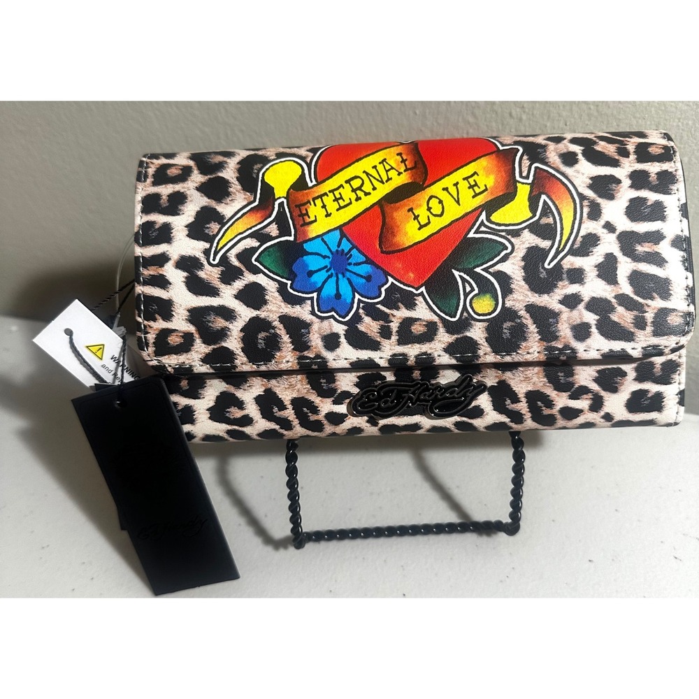 NWT Ed Hardy‎ Leopard Print Wallet Eternal Love Y2K Tattoo Heart Signature Logo